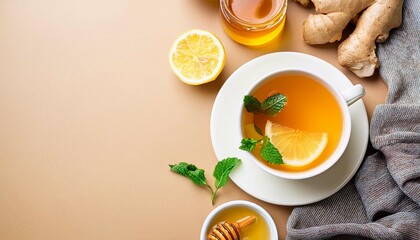 Ginger tea. Cup of ginger tea with lemon, honey and mint on beige background. Concept