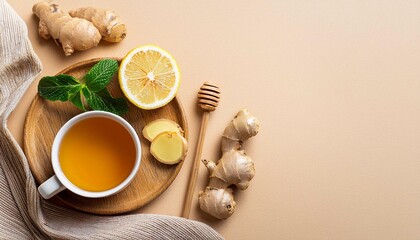 Ginger tea. Cup of ginger tea with lemon, honey and mint on beige background. Concept