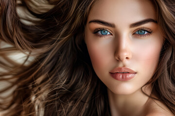 Woman with long brown hair and blue eyes. She has a very pretty face