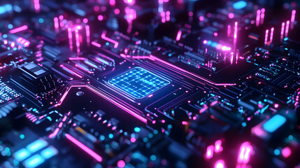 Obraz premium A glowing neon processor with pink and blue lights, showcasing an intricate design for advanced computational systems.