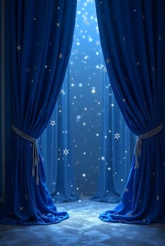Magical Stage Setting with Indigo Curtains and Falling Snowflakes. Generative Ai