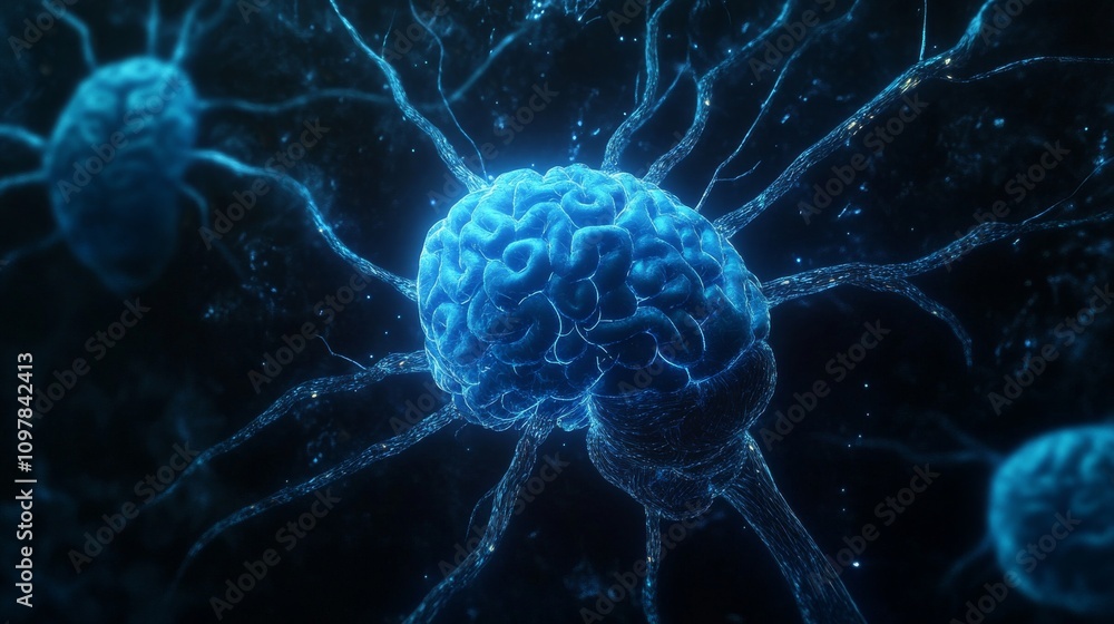 Poster a visually captivating 3d digital illustration of a glowing blue brain with neuron-like connections.