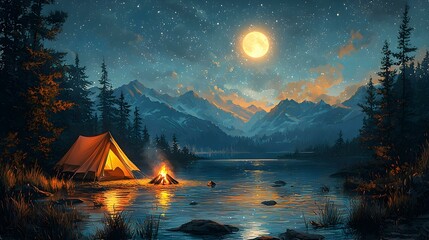 Fototapeta premium Photorealistic Camping Scene with Tent, Campfire, and Forest Backdrop at Sunset