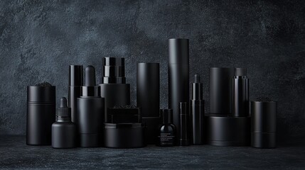 A sophisticated display of black luxury cosmetic bottles elegantly arranged on a dark background. The clean lines and sleek design convey an air of exclusivity and modern beauty trends.. AI Generation