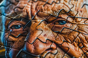 Puzzle of an old man's face with a blue eye. The puzzle is incomplete and the man's face is visible