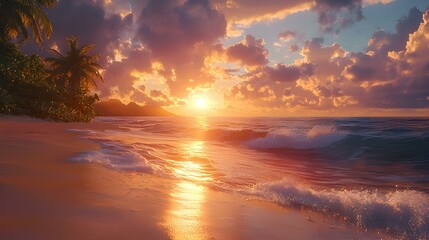 Photorealistic Tropical Beach at Sunset Capturing Natural Beauty and Vibrant Colors