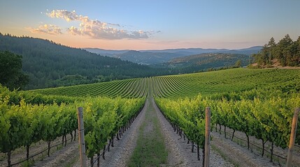 Fototapeta premium Picturesque Vineyard Rows Under Clear Blue Sky Captured in Vibrant Scenic Landscape Photograph