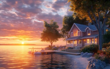 A serene lakeside home at sunset, surrounded by trees and colorful flowers.