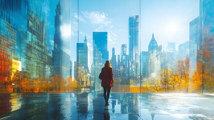 Obraz premium Majestic Urban Skyline: Glass Skyscrapers Illuminated by Reflective Sunlight
