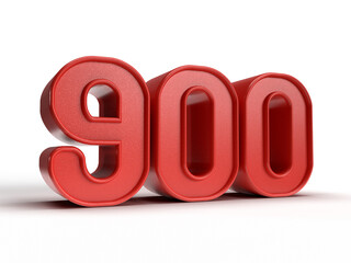 Isolated Number 900 in red color on white background, 3D Render Illustration.