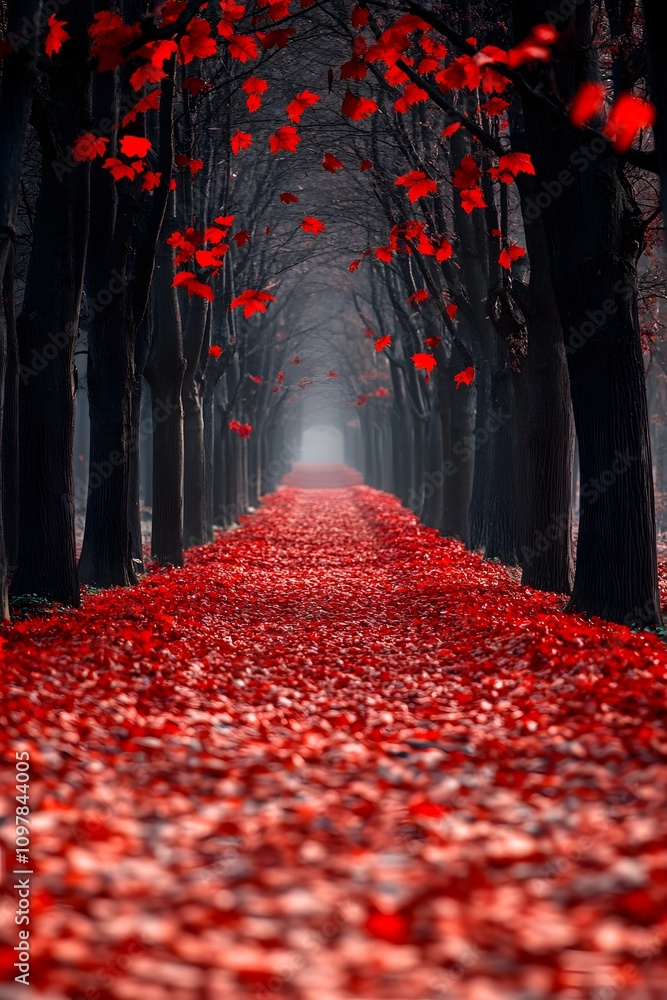 Poster a serene pathway lined with trees and vibrant red leaves, creating a tranquil autumn scene.