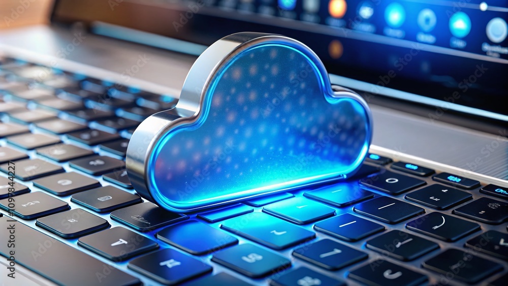 Poster digital cloud data storage on laptop keyboard in semi-side view with soft depth of field - realistic