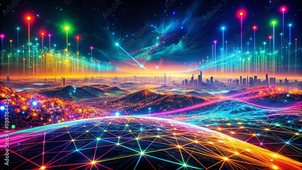 Poster digital cyberspace landscape with particle effects and high-speed data connections showcasing abstra