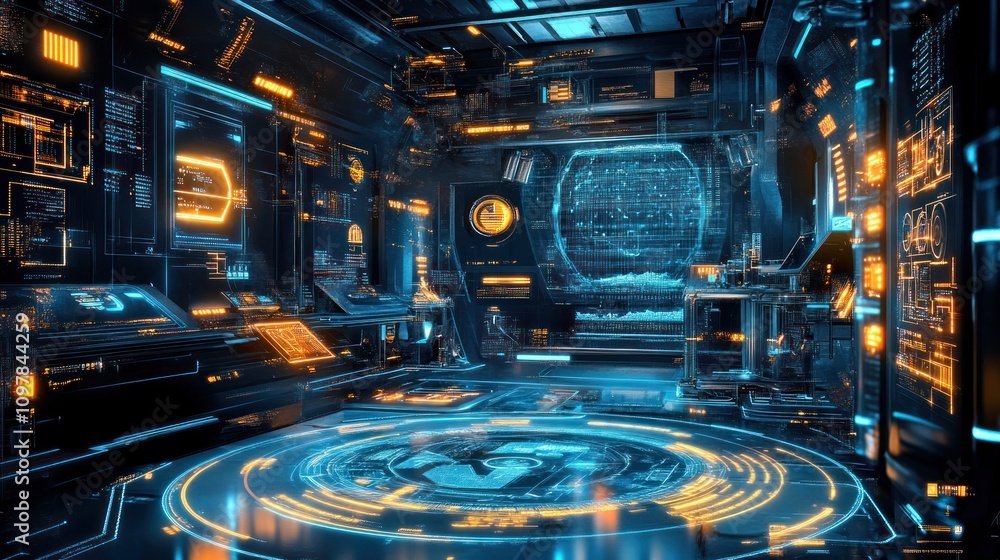 Poster futuristic control room with advanced digital interfaces