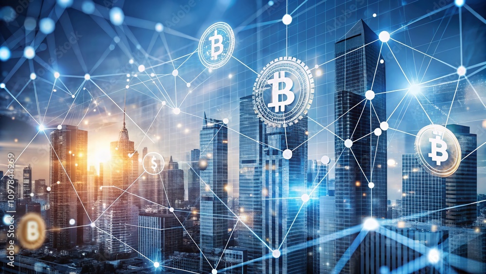 Poster digital finance and cryptocurrency concepts in double exposure style with linear icons for trade ser