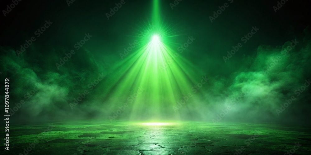 Poster divine green light breaking through dark fog with spotlight effect on isolated background, creating 