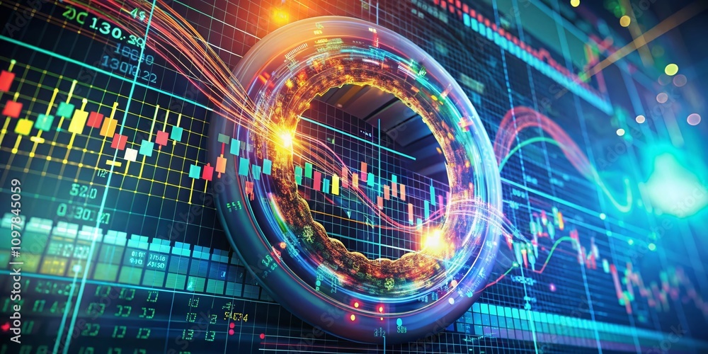 Poster double exposure animation of a torus chart with abstract data and random numbers, conceptualizing fi