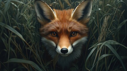 Obraz premium Realistic Fox Hidden in Tall Grass Illustration