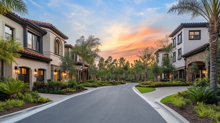 Upscale residential street at sunset.