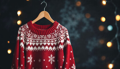 A red knitted sweater with snowflakes, hanging on a wooden hanger with fairy lights.

