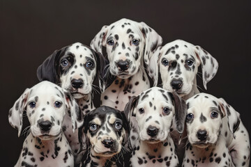 Group of black and white puppies are sitting in a row. They are all staring at the camera