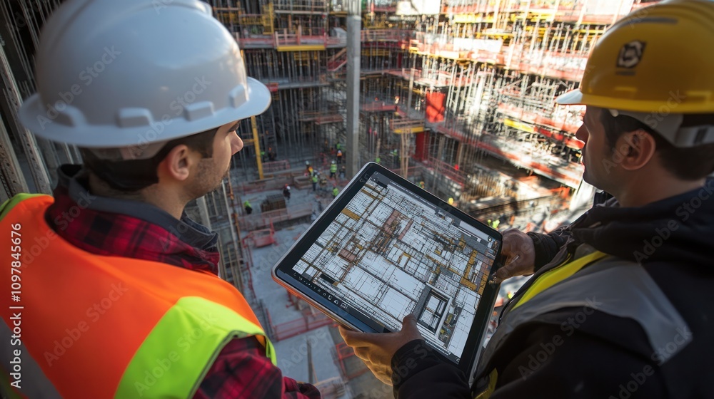 Aufkleber a structural engineer and a foreman lean over a touch pad, deeply engaged in planning for a new buil