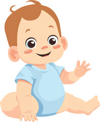 Cute baby boy in blue outfit waving cheerfully