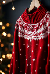 A red knitted sweater with snowflakes, hanging on a wooden hanger with fairy lights.

