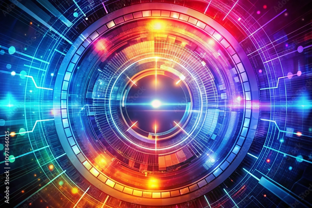 Poster double exposure photography of a circular loading symbol blending with abstract tech background, ill