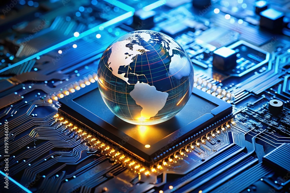 Poster double exposure photography of a computer chip with a glowing globe, symbolizing global connectivity