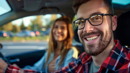 Happy young couple choosing and buying a new car for their family at the dealership.