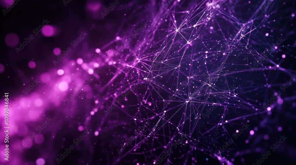 Poster cyberspace with a web of glowing lines and particles connecting various nodes.