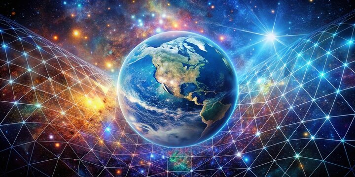 Double Exposure Photography of Multiverse Theory with Earth and Cosmic Grid Mesh, Exploring the Interconnectedness of Realities in a Stunning Visual Representation