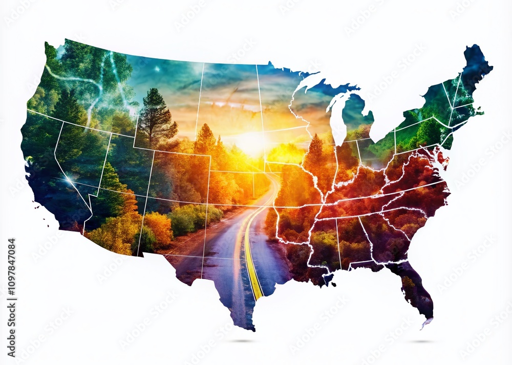 Poster double exposure photography of united states map with isolated state graphics and intricate paths in