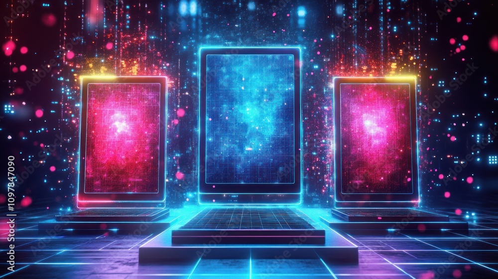 Poster Neon glowing screens display digital data streams