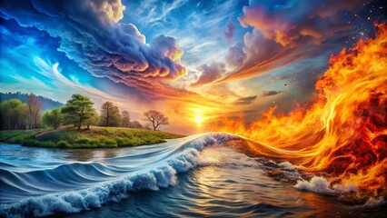 Naklejka premium Double Exposure Photography of The Four Elements: Air, Fire, Water, and Earth Blending Harmoniously in a Stunning Visual Representation of Nature's Forces