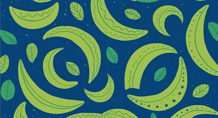 Fototapeta premium Green Crescent pattern hand drawn design on Brown background illustration
