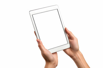 partial view of hands holding digital tablet with blank screen isolated on white