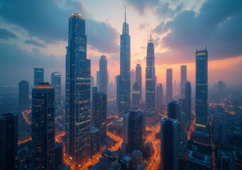 Obraz premium City skyline at dusk with towering skyscrapers illuminated by sunset.