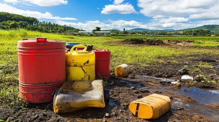 Polluted Agricultural Field with Pesticide Containers