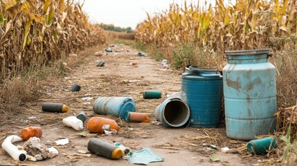 Polluted Agricultural Field with Pesticide Containers