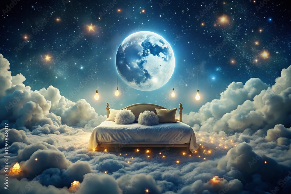 Poster dreamy cozy bed floating among clouds under a full moon with stars, creating a whimsical and serene 