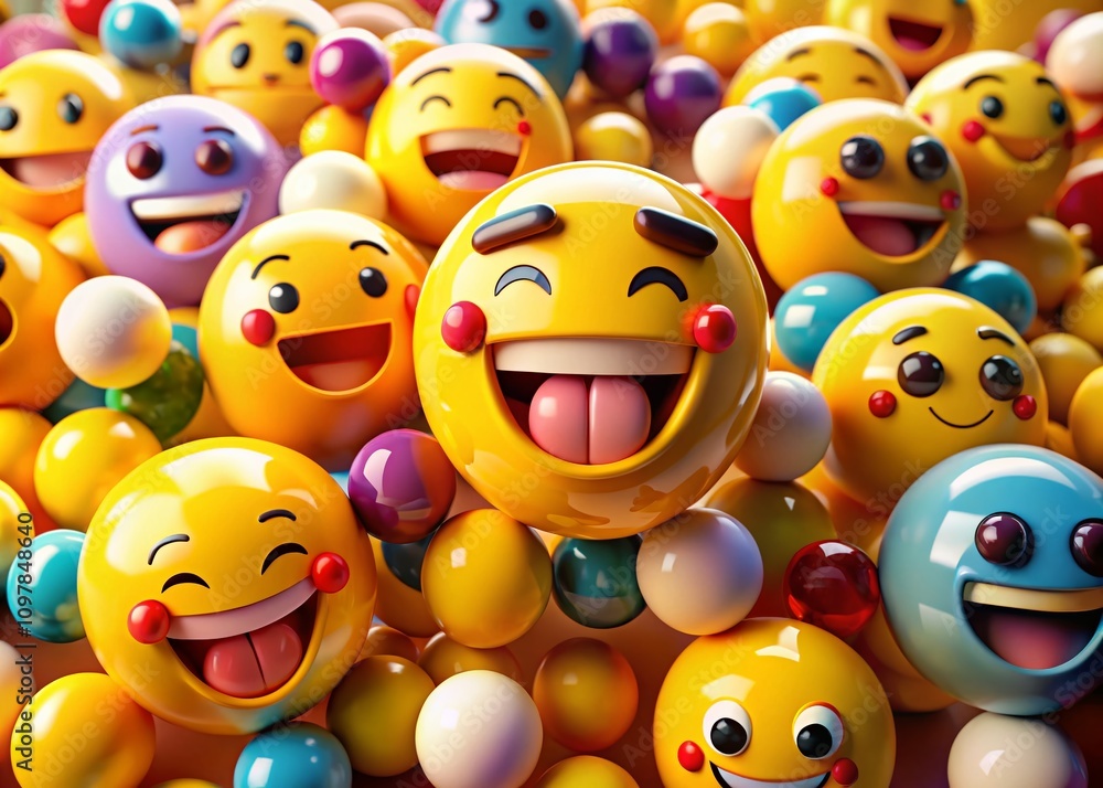 Poster drone photography of a 3d rendering of a pill emoticon character with various facial expressions, ca