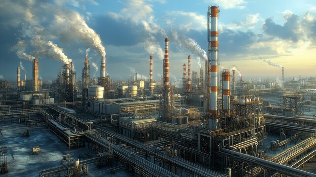 A large industrial area with many tall orange and red structures