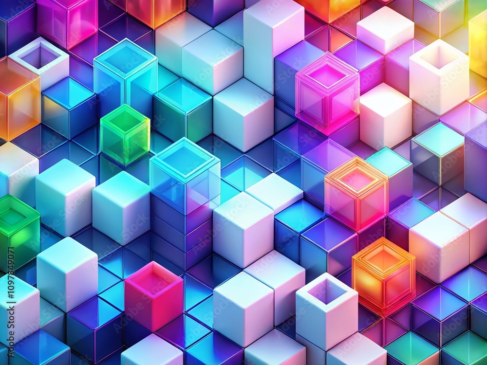 Poster dynamic abstract background featuring isometric cubes with white texture for blockchain, cryptocurre