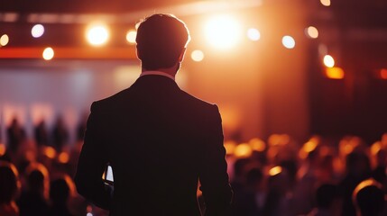 Confident speaker captivating audience at an innovative product launch event, with spotlight and stage creating an immersive and impactful experience