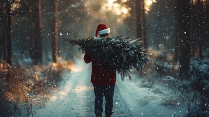 Man Carries Christmas Tree Through Snowy Forest