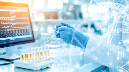 A futuristic scientific research scene with a researcher analyzing liquid samples