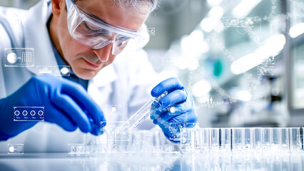 A futuristic scientific research scene with a researcher analyzing liquid samples