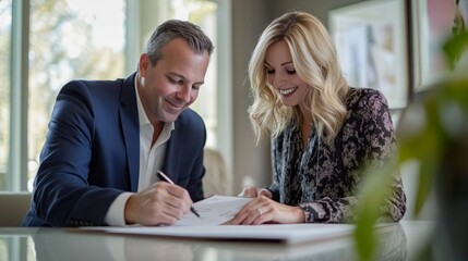 Property buyer signing brokerage contract with female real estate consultant with beautiful smile, both profile views, Cinematic, Photoshoot, AI Generative